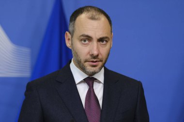 Ukrayna 'nın Restorasyondan Sorumlu Başbakan Yardımcısı Oleksandr KUBRAKOV' un 25 Eylül 2023 'te Brüksel, Belçika' daki ulaştırma altyapısı yatırımları hakkında basın brifingi.