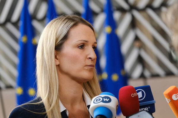 Helen MCENTEE, Minister talks to media prior a Justice and Home affairs Council at the EU headquarters in Brussels, Belgium  on September 28, 2023.
