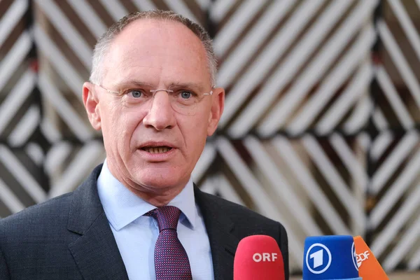 stock image Gerhard KARNER, Minister talks to media prior a Justice and Home affairs Council at the EU headquarters in Brussels, Belgium  on September 28, 2023.