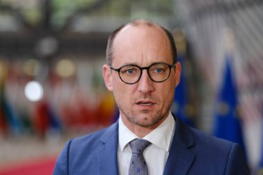 Maliye Bakanı Vincent Van Peteghem, Eurogroup Maliye Bakanlarının 8 Kasım 2023 'te Brüksel, Belçika' daki Avrupa Konseyi toplantısına katılmak üzere geldi..