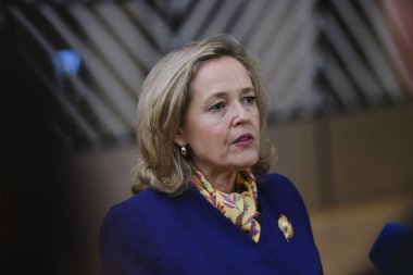 Maliye Bakanı Nadia Calvino, 8 Kasım 2023 'te Belçika' nın Brüksel kentindeki Avrupa Konseyi 'ne Eurogroup Maliye Bakanlarının bir toplantısına katılmak üzere geldi..
