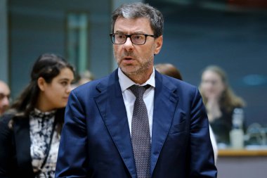  Maliye Bakanı Giancarlo Giorgetti, 8 Kasım 2023 'te Belçika' nın Brüksel kentindeki Avrupa Konseyi 'ne Eurogroup Maliye Bakanları toplantısına katılmak üzere geldi..