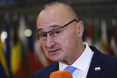  Dışişleri Bakanı Gordan Grliç Radman, AB dışişleri bakanlarının 13 Kasım 2023 'te Brüksel, Belçika' daki Avrupa Konseyi binasına bir toplantısı için geldi.