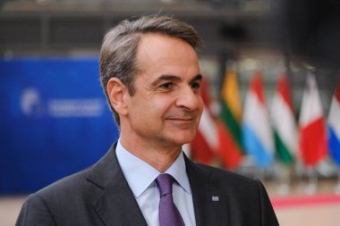 Yunanistan Başbakanı Kyriakos Mitsotakis AB Zirvesi için 27 Ekim 2023 'te Brüksel, Belçika' daki AB genel merkezine geldi..