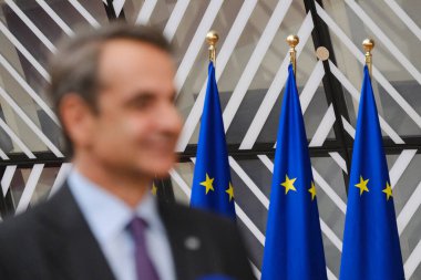 Yunanistan Başbakanı Kyriakos Mitsotakis AB Zirvesi için 27 Ekim 2023 'te Brüksel, Belçika' daki AB genel merkezine geldi..