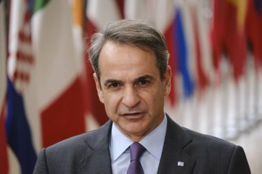 Yunanistan Başbakanı Kyriakos Mitsotakis AB Zirvesi için 27 Ekim 2023 'te Brüksel, Belçika' daki AB genel merkezine geldi..