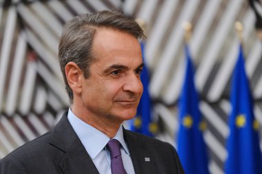 Yunanistan Başbakanı Kyriakos Mitsotakis AB Zirvesi için 27 Ekim 2023 'te Brüksel, Belçika' daki AB genel merkezine geldi..
