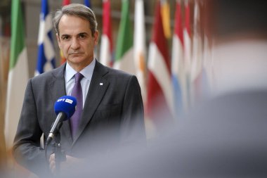 Yunanistan Başbakanı Kyriakos Mitsotakis AB Zirvesi için 27 Ekim 2023 'te Brüksel, Belçika' daki AB genel merkezine geldi..
