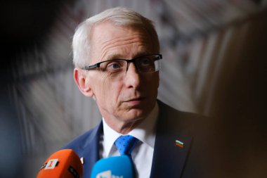 Bulgaristan Başbakanı Nikolay Denkov AB Zirvesi için 27 Ekim 2023 'te Brüksel' deki AB genel merkezine geldi..