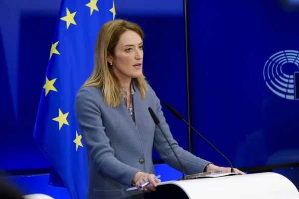 stock image Press conference by President of European Parliament Roberta Metsola and Ruslan STEFANCHUK, Speaker of the Ukrainian Parliament (Verkhovna Rada) in Brussels, Belgium on Nov. 28, 2023.