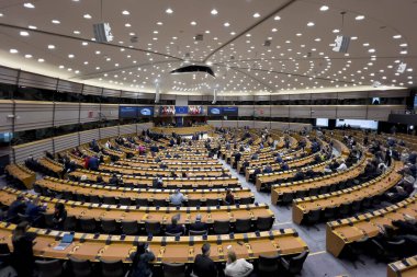 View of the chamber during a plenary session ahead of Holocaust Remembrance Day at the European Parliament in Brussels, Belgium on January 25, 2023. clipart