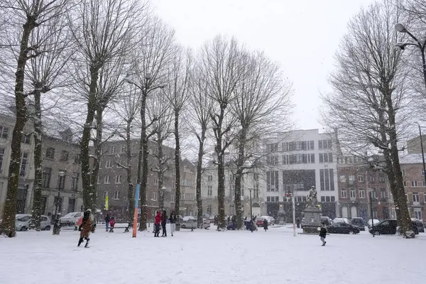 Les Enfants Jouent Avec Neige Après Fortes Chutes Neige Bruxelles — Photo
