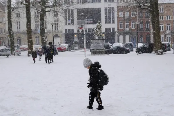 Childrens Play Snow Heavy Snowfall Hit Brussels Belgium January 2024 — Stock Photo, Image
