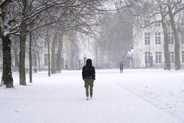 17 Ocak 2024 'te Belçika' da yoğun kar yağışı sırasında Brüksel 'in merkezindeki parkta insanlar yürür..