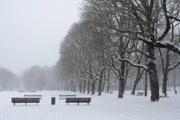 View of the snow covered park after heavy snowfall hit Brussels in Belgium on January 17, 2024.