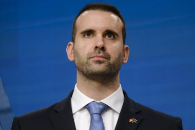 Karadağ Başbakanı Milojko Spajiç, 29 Ocak 2024 'te Brüksel, Belçika' daki Avrupa Konseyi 'nde gerçekleşen toplantı sonrasında basın toplantısında.