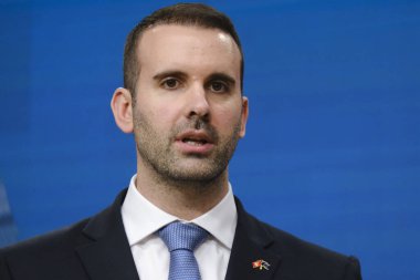 Karadağ Başbakanı Milojko Spajiç, 29 Ocak 2024 'te Brüksel, Belçika' daki Avrupa Konseyi 'nde gerçekleşen toplantı sonrasında basın toplantısında.
