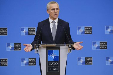 NATO Genel Sekreteri Jens Stoltenberg, NATO Savunma bakanlarının 15 Şubat 2024 'te Brüksel, Belçika' daki NATO karargahında yaptıkları toplantı sonrasında düzenlediği basın toplantısında,.