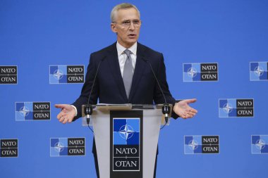 NATO Secretary General Jens Stoltenberg at a press conference following a meeting of NATO Defence ministers at the NATO headquarters in Brussels, Belgium on February 15, 2024. clipart