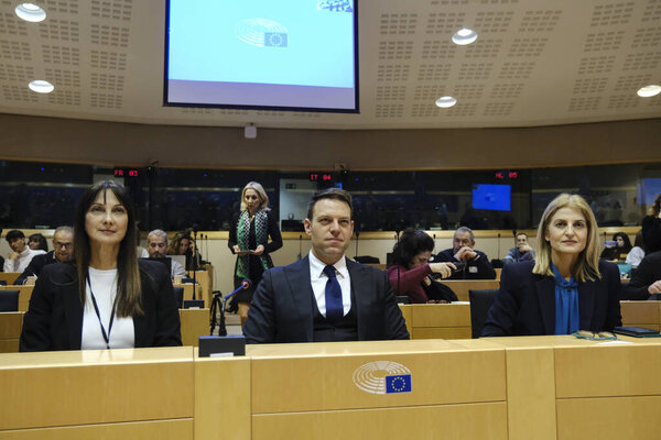 Dora Augeri, spokesperson of SYRIZA during an event for the fatal accident at Tempi, Greece in European Parliament, Brussels, Belgium on Feb. 14, 2024