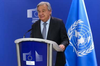 AB Komisyonu Başkanı Ursula von der Leyen ve Birleşmiş Milletler Genel Sekreteri Antonio Guterres 20 Mart 2024 'te Brüksel, Belçika' daki AB genel merkezinde basın açıklaması yaptılar..