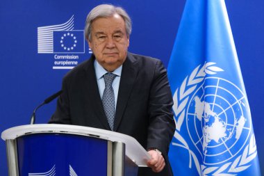 AB Komisyonu Başkanı Ursula von der Leyen ve Birleşmiş Milletler Genel Sekreteri Antonio Guterres 20 Mart 2024 'te Brüksel, Belçika' daki AB genel merkezinde basın açıklaması yaptılar..