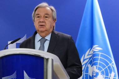 AB Komisyonu Başkanı Ursula von der Leyen ve Birleşmiş Milletler Genel Sekreteri Antonio Guterres 20 Mart 2024 'te Brüksel, Belçika' daki AB genel merkezinde basın açıklaması yaptılar..