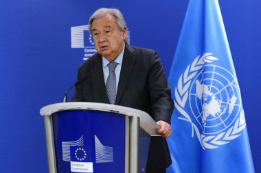 AB Komisyonu Başkanı Ursula von der Leyen ve Birleşmiş Milletler Genel Sekreteri Antonio Guterres 20 Mart 2024 'te Brüksel, Belçika' daki AB genel merkezinde basın açıklaması yaptılar..