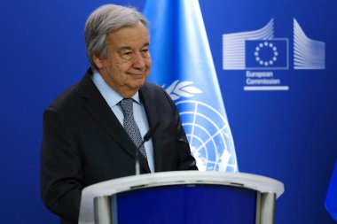 AB Komisyonu Başkanı Ursula von der Leyen ve Birleşmiş Milletler Genel Sekreteri Antonio Guterres 20 Mart 2024 'te Brüksel, Belçika' daki AB genel merkezinde basın açıklaması yaptılar..