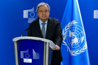 AB Komisyonu Başkanı Ursula von der Leyen ve Birleşmiş Milletler Genel Sekreteri Antonio Guterres 20 Mart 2024 'te Brüksel, Belçika' daki AB genel merkezinde basın açıklaması yaptılar..