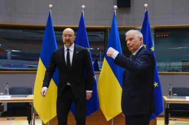 Ukrainian Prime Minister Denys Shmyhal and HRVP Josep Borrell arrive to attend a EU-Ukraine Association Council meeting at EU headquarters in Brussels, Belgium on March 20, 2024. clipart