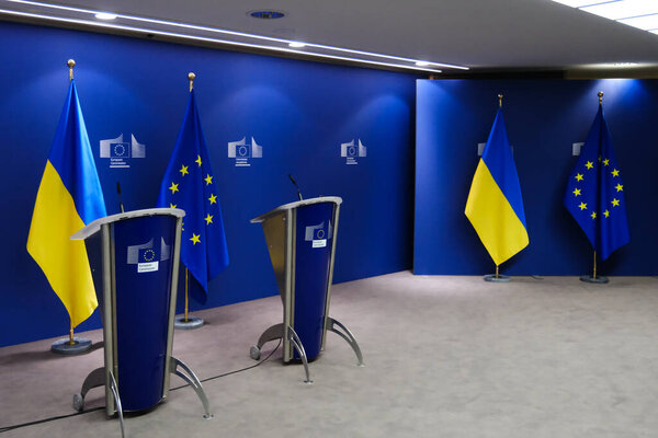 EU and Ukrainian flags in European Commission offices in Brussels, Belgium on March 20, 2024.
