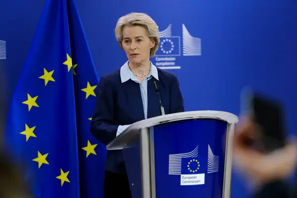 stock image Press point by EU Commission President Ursula von der Leyen with the former President of Finland, Sauli Niinisto at EU headquarters in Brussels, Belgium on March 20, 2024.