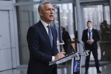 Secretary General of NATO Jens Stoltenberg addresses media during a statement ahead of a NATO foreign ministers meeting at NATO headquarters in Brussels, Belgium on April 3, 2024. clipart
