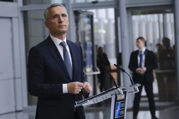 stock image Secretary General of NATO Jens Stoltenberg addresses media during a statement ahead of a NATO foreign ministers meeting at NATO headquarters in Brussels, Belgium on April 3, 2024.