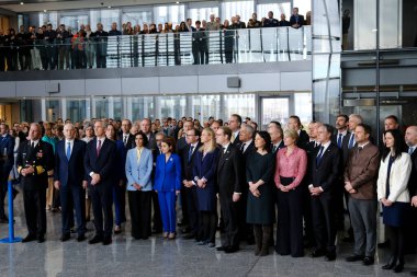 Dışişleri Bakanı, NATO 'nun 4 Nisan 2024' te Brüksel, Belçika 'daki NATO genel merkezinde 75. kuruluş yıldönümü münasebetiyle düzenlenen törende görülüyor.. 