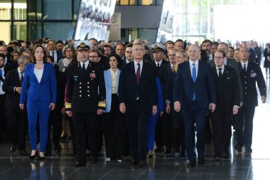 Dışişleri Bakanı, NATO 'nun 4 Nisan 2024' te Brüksel, Belçika 'daki NATO genel merkezinde 75. kuruluş yıldönümü münasebetiyle düzenlenen törende görülüyor.. 