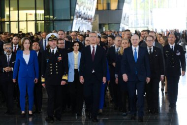 Dışişleri Bakanı, NATO 'nun 4 Nisan 2024' te Brüksel, Belçika 'daki NATO genel merkezinde 75. kuruluş yıldönümü münasebetiyle düzenlenen törende görülüyor.. 