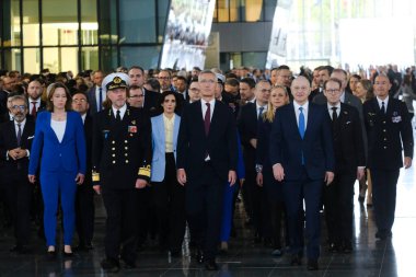 Foreign Minister seen during a ceremony to mark the 75th anniversary of NATO at NATO headquarters in Brussels, Belgium on April 4, 2024.  clipart