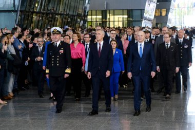 Dışişleri Bakanı, NATO 'nun 4 Nisan 2024' te Brüksel, Belçika 'daki NATO genel merkezinde 75. kuruluş yıldönümü münasebetiyle düzenlenen törende görülüyor.. 