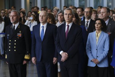 Dışişleri Bakanı, NATO 'nun 4 Nisan 2024' te Brüksel, Belçika 'daki NATO genel merkezinde 75. kuruluş yıldönümü münasebetiyle düzenlenen törende görülüyor.. 
