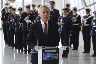 NATO Genel Sekreteri Jens Stoltenberg, 4 Nisan 2024 'te Belçika' nın Brüksel kentindeki NATO karargahında düzenlenen 75. yıldönümü münasebetiyle düzenlenen törende izleyicilere seslendi.. 