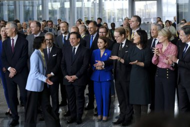 Dışişleri Bakanı, NATO 'nun 4 Nisan 2024' te Brüksel, Belçika 'daki NATO genel merkezinde 75. kuruluş yıldönümü münasebetiyle düzenlenen törende görülüyor.. 
