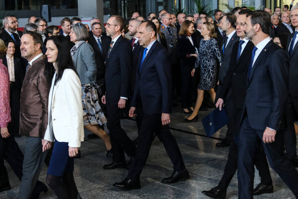  Giorgos Gerapetritis, Foreign Minister attends in a ceremony to mark the 75th anniversary of NATO at NATO headquarters in Brussels, Belgium on April 4, 2024. 