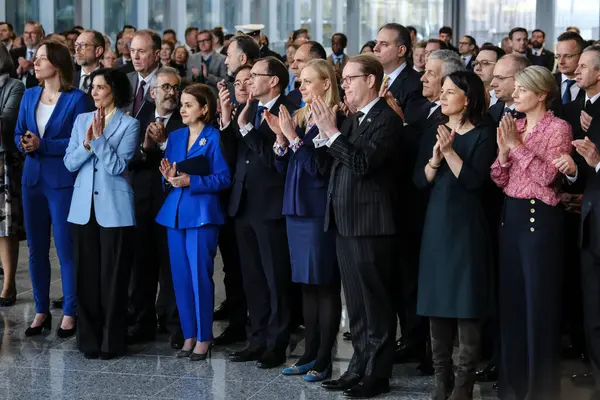 Dışişleri Bakanı, NATO 'nun 4 Nisan 2024' te Brüksel, Belçika 'daki NATO genel merkezinde 75. kuruluş yıldönümü münasebetiyle düzenlenen törende görülüyor.. 