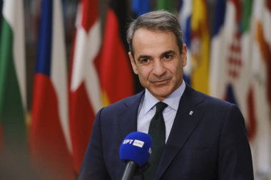 Yunanistan Başbakanı Kyriakos Mitsotakis 22 Mart 2024 'te Brüksel' deki AB genel merkezinde düzenlenen AB Zirvesi sırasında basın toplantısı düzenledi. 
