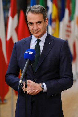 Yunanistan Başbakanı Kyriakos Mitsotakis 22 Mart 2024 'te Brüksel' deki AB genel merkezinde düzenlenen AB Zirvesi sırasında basın toplantısı düzenledi. 