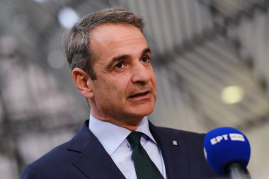 Yunanistan Başbakanı Kyriakos Mitsotakis 22 Mart 2024 'te Brüksel' deki AB genel merkezinde düzenlenen AB Zirvesi sırasında basın toplantısı düzenledi. 