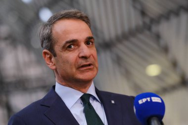 Yunanistan Başbakanı Kyriakos Mitsotakis 22 Mart 2024 'te Brüksel' deki AB genel merkezinde düzenlenen AB Zirvesi sırasında basın toplantısı düzenledi. 
