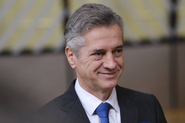 Slovenya Başbakanı Robert Golob 22 Mart 2024 'te Brüksel' deki AB Zirvesi sırasında basın toplantısı düzenledi.. 